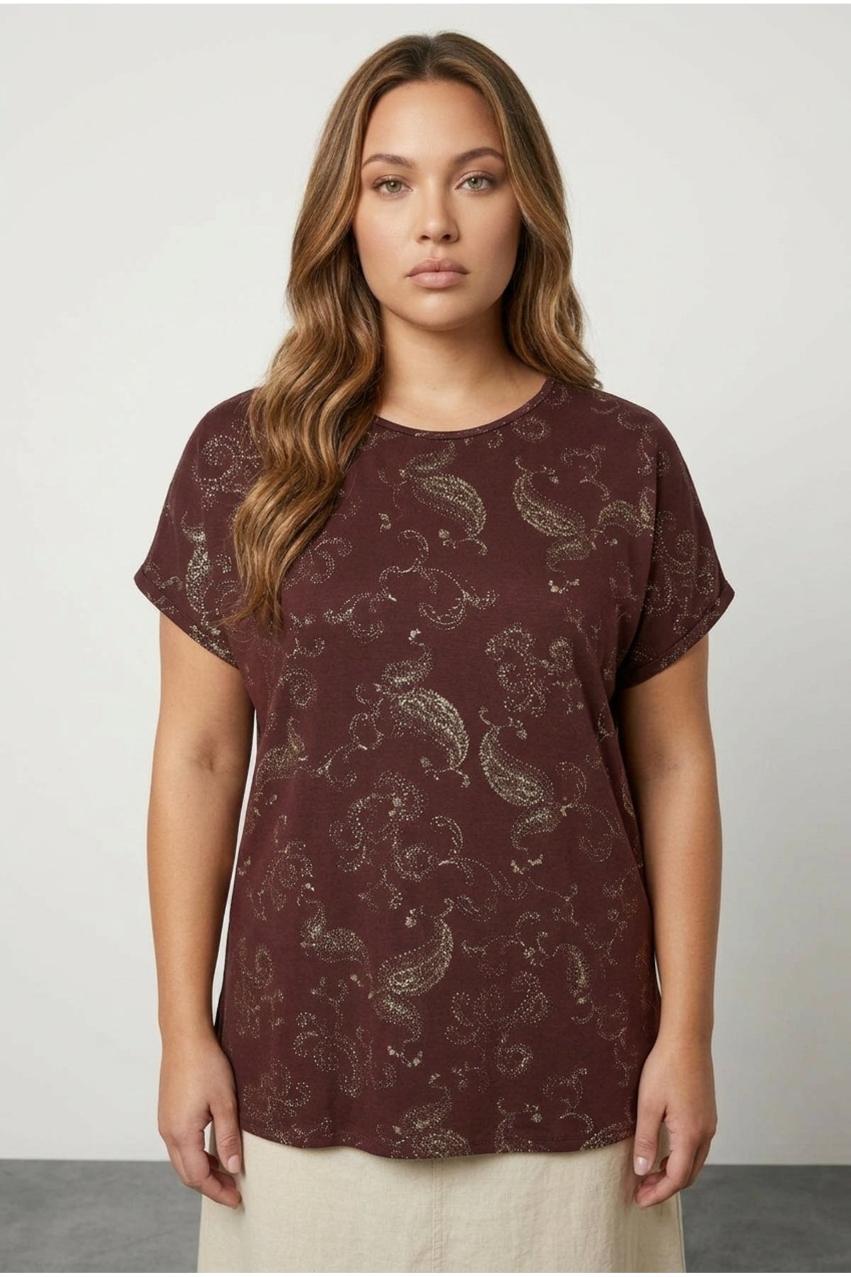 Plus Size Short Sleeve Crew Neck Metallic Patterned Blouse