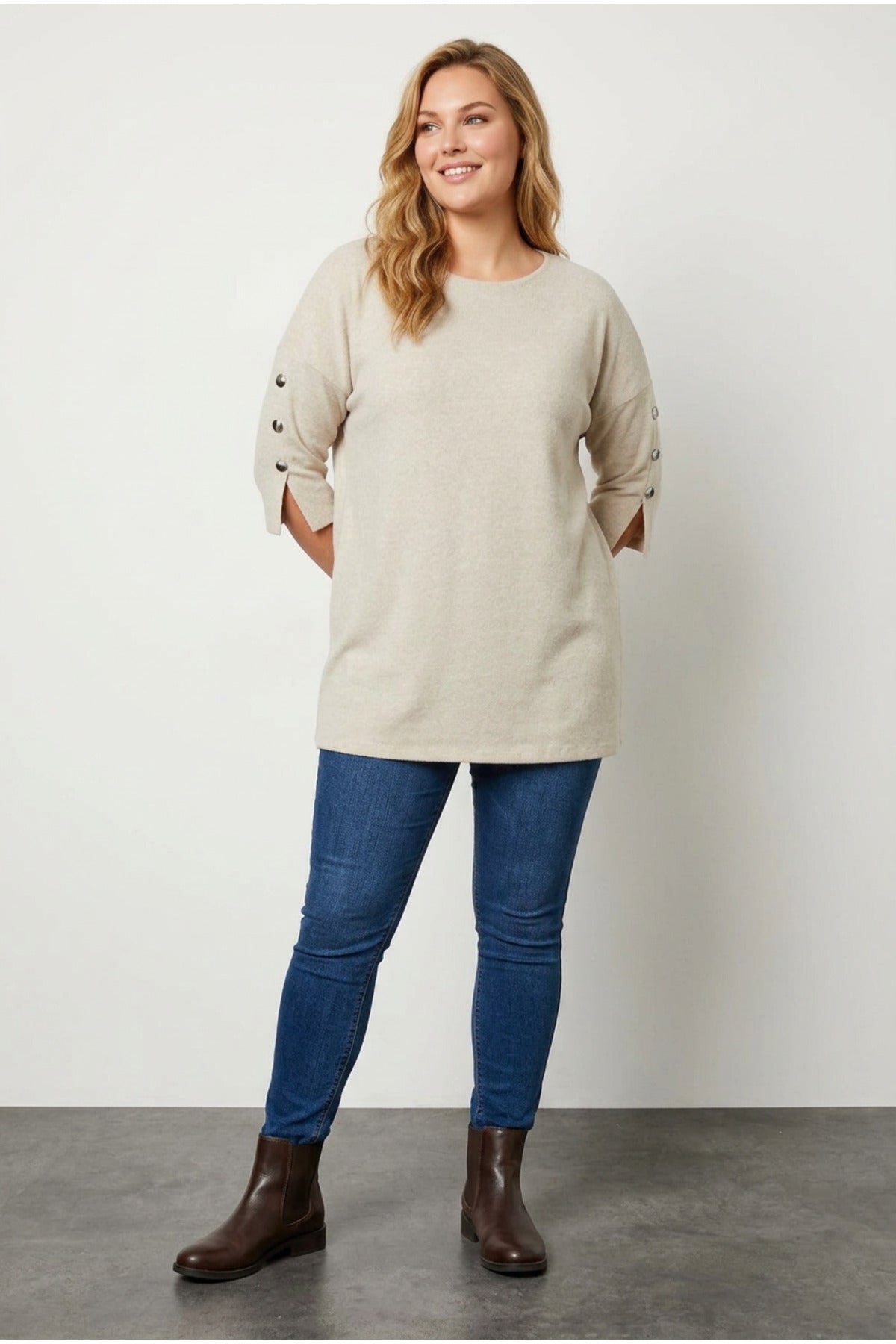 Plus Size 3/4 Sleeve Button Detail Soft Textured Sweater