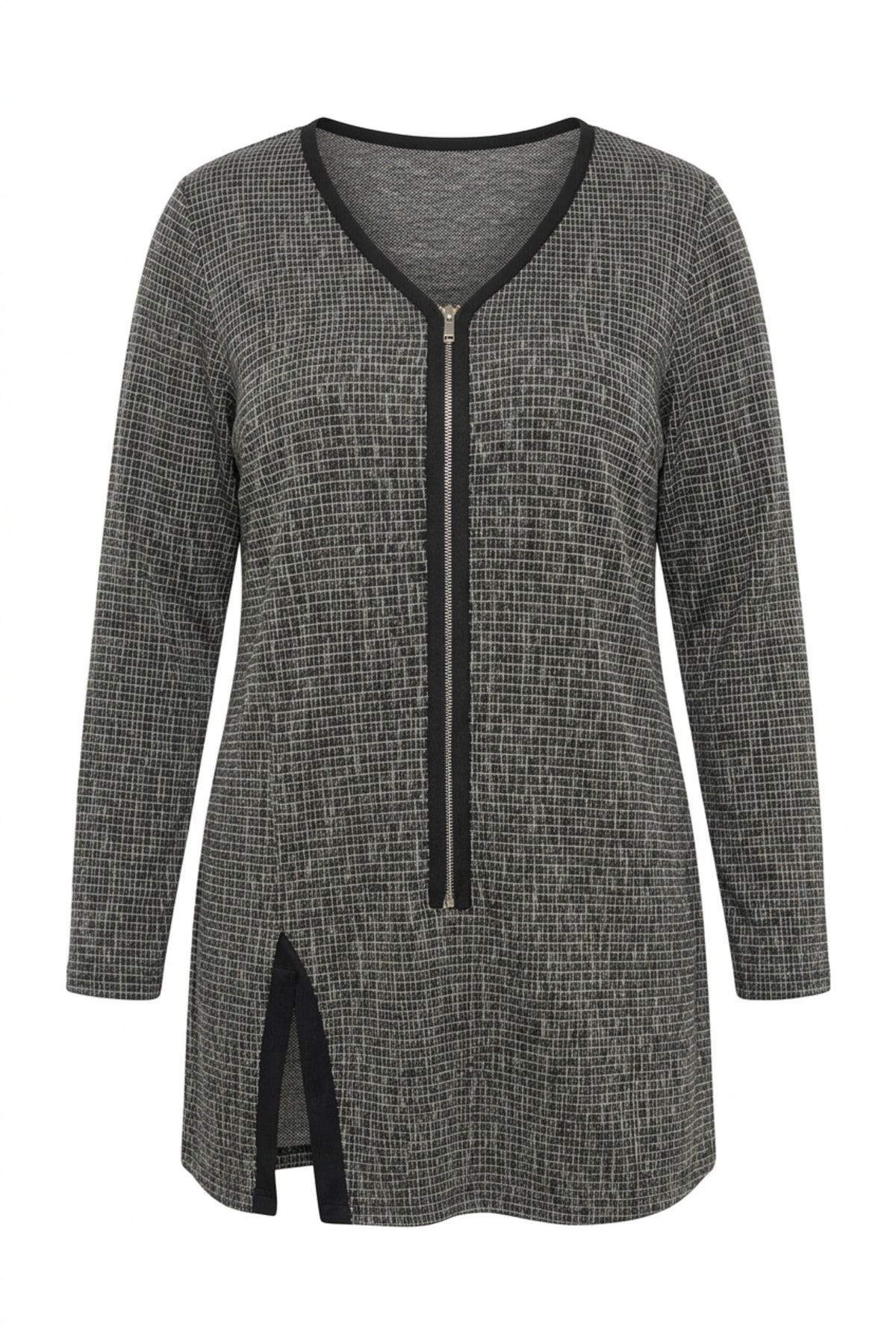 Plus Size V-Neck Front Zippered Slit Detailed Blouse