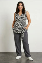 Plus Size V-Neck Sleeveless Patterned Blouse with Front Tie