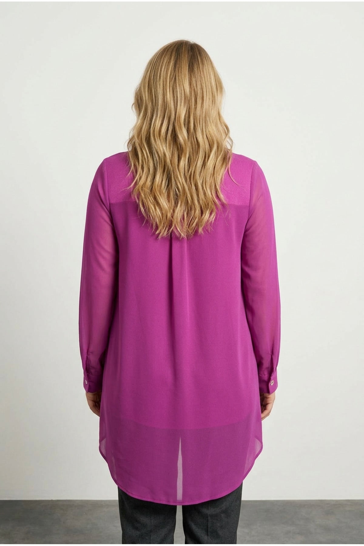 Plus Size V-Neck Long Sleeve Tulle Detailed Asymmetrical Cut Blouse