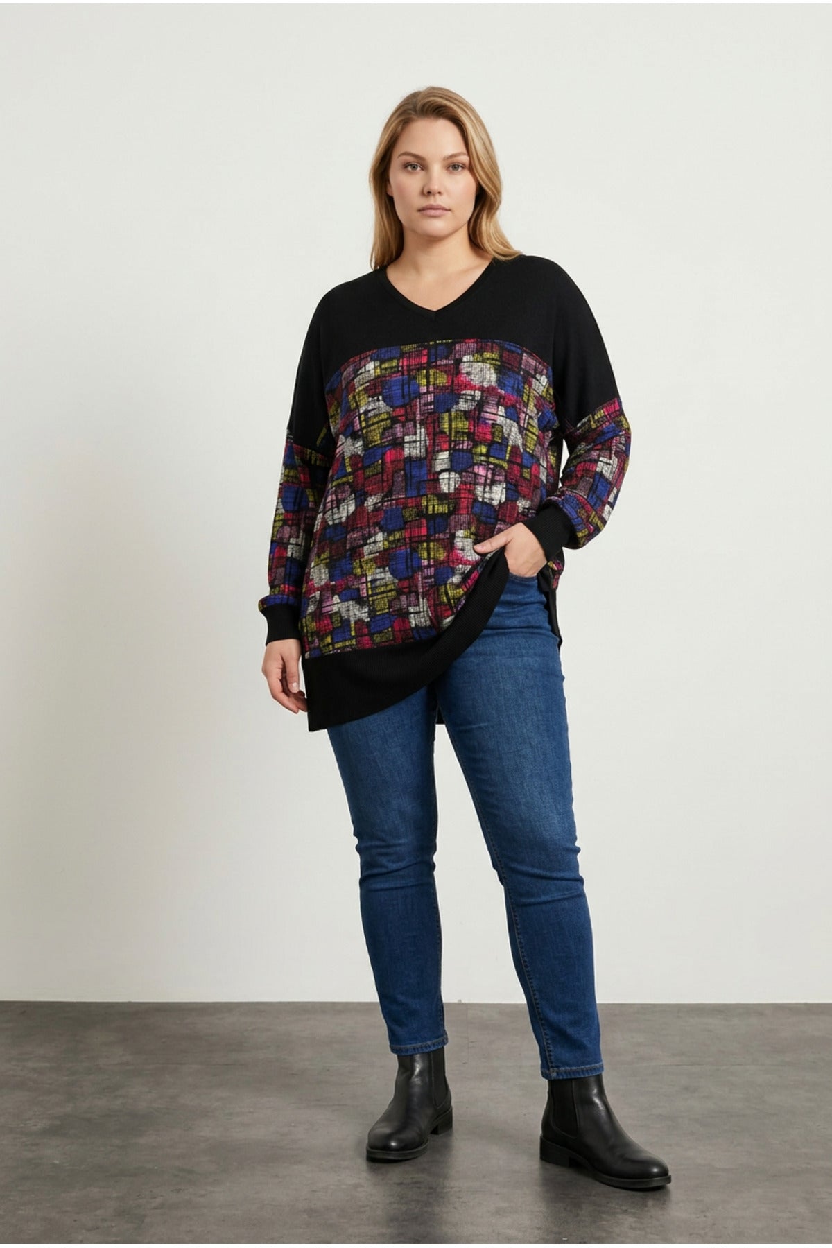 Plus Size Side Slit Drop Shoulder Black Blouse