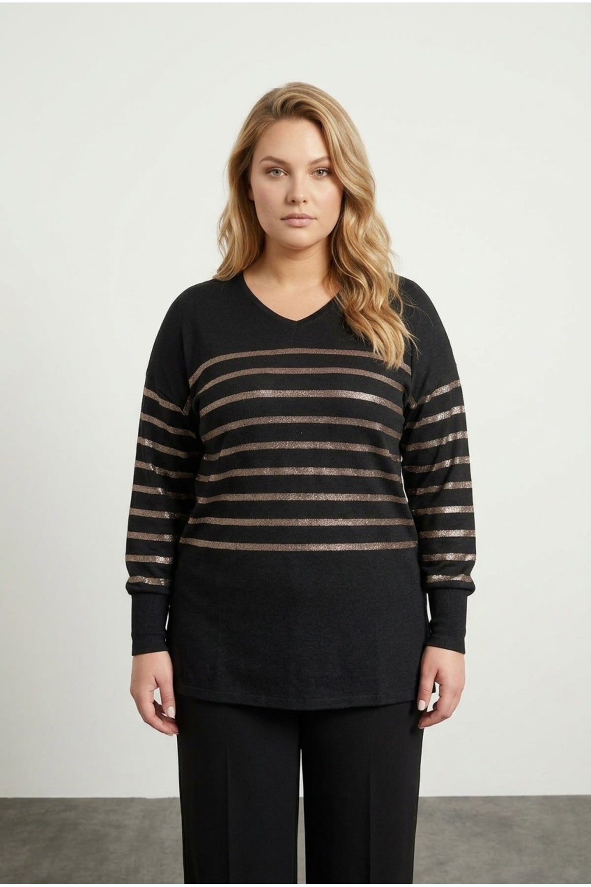 Plus Size Long Sleeve V-Neck Blouse with Elasticated Cuffs